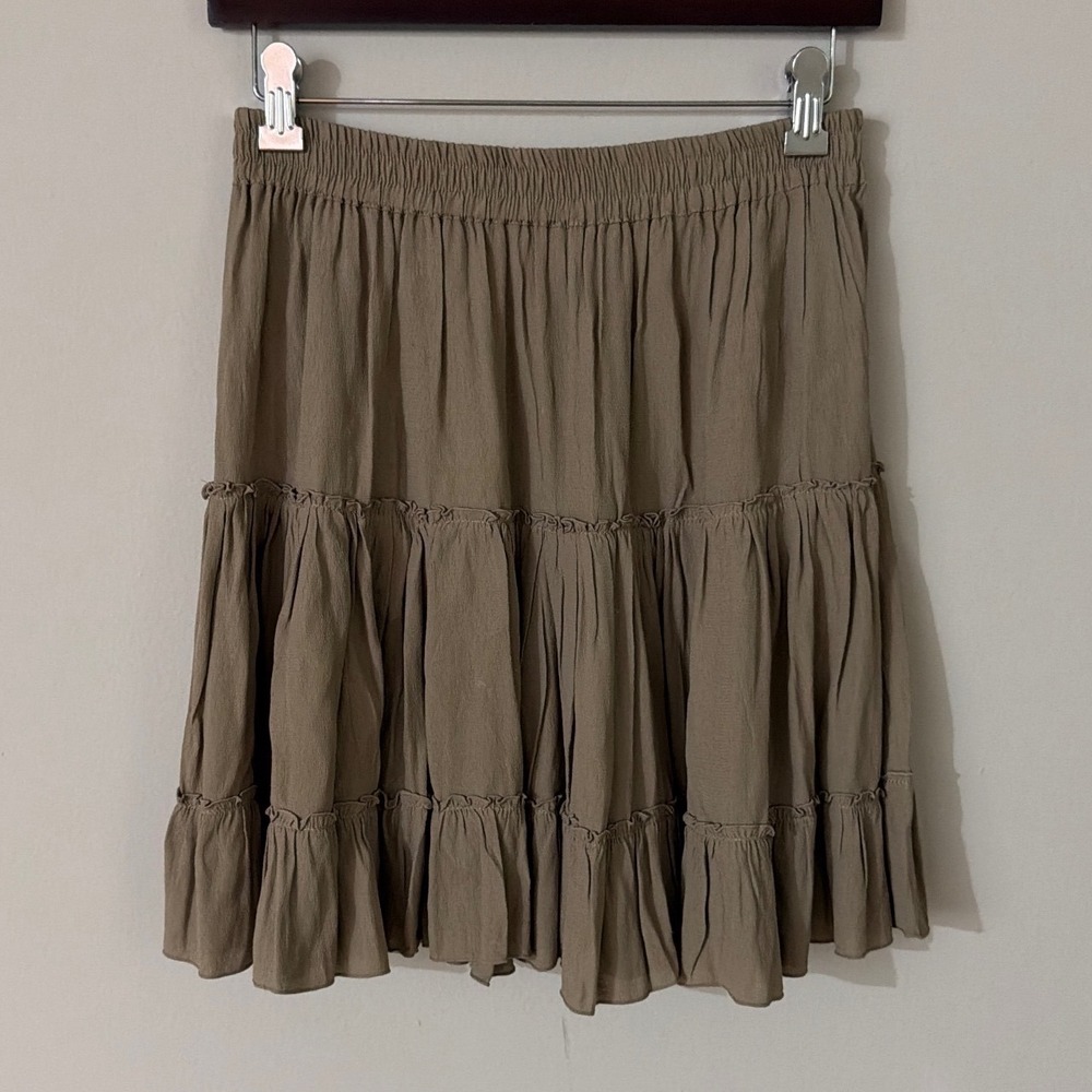 Skemo Evening Women Large Tiered Ruffle Mini Skirt Khaki Olive Elastic Waist